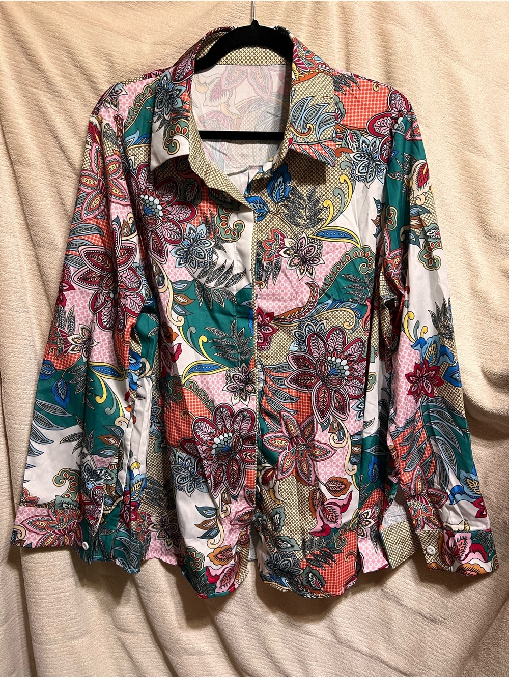 NWOT Colorful Art Print Button Front Blouse Tropical Resort Stretch Shirt XXL